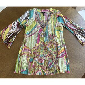100% Cotton Large Funky Paisley Print Tunic Top V Neck Beaded Artsy Lightweight